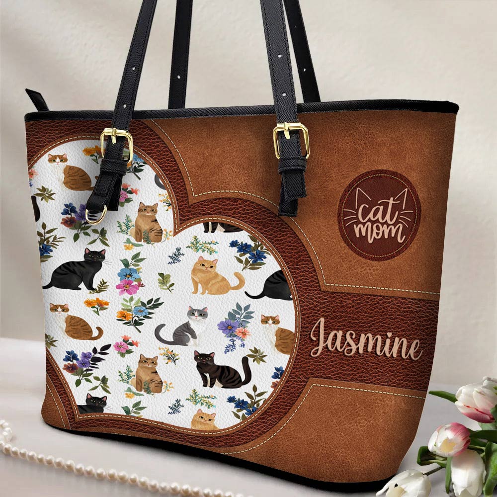 Lorva Personalized Leather Tote Bag Heart Catmom