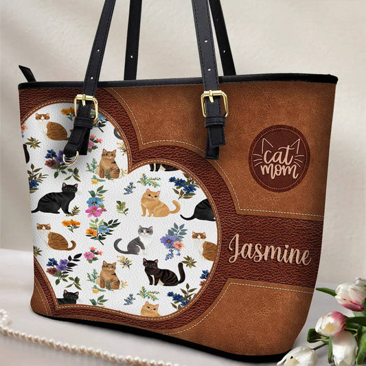 Lorva Personalized Leather Tote Bag Heart Catmom