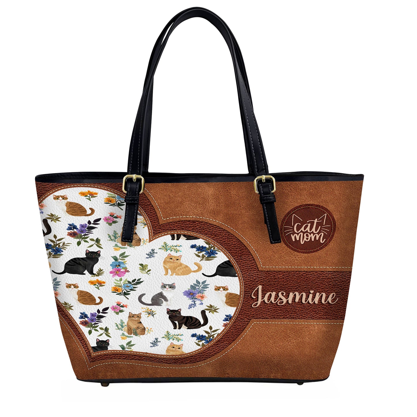 Lorva Personalized Leather Tote Bag Heart Catmom