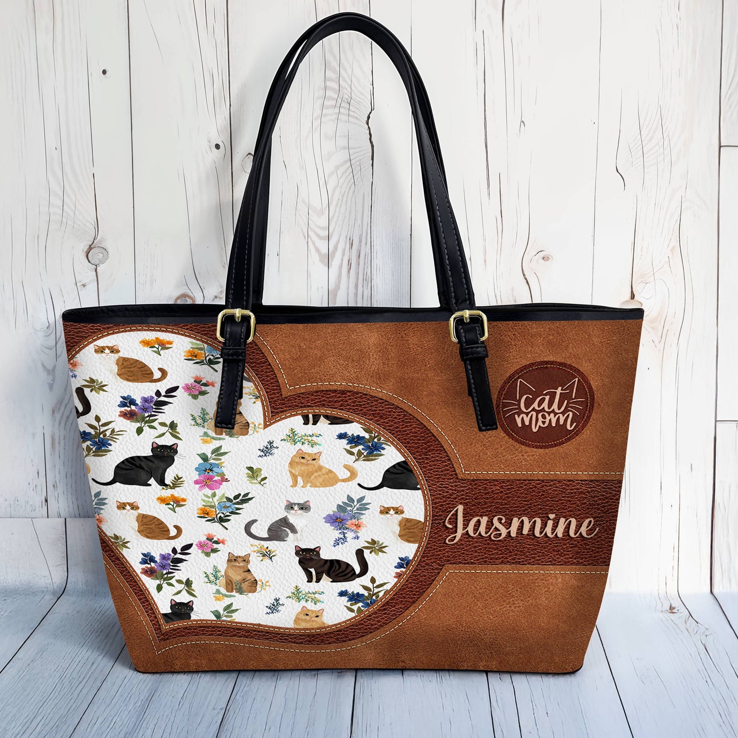 Lorva Personalized Leather Tote Bag Heart Catmom