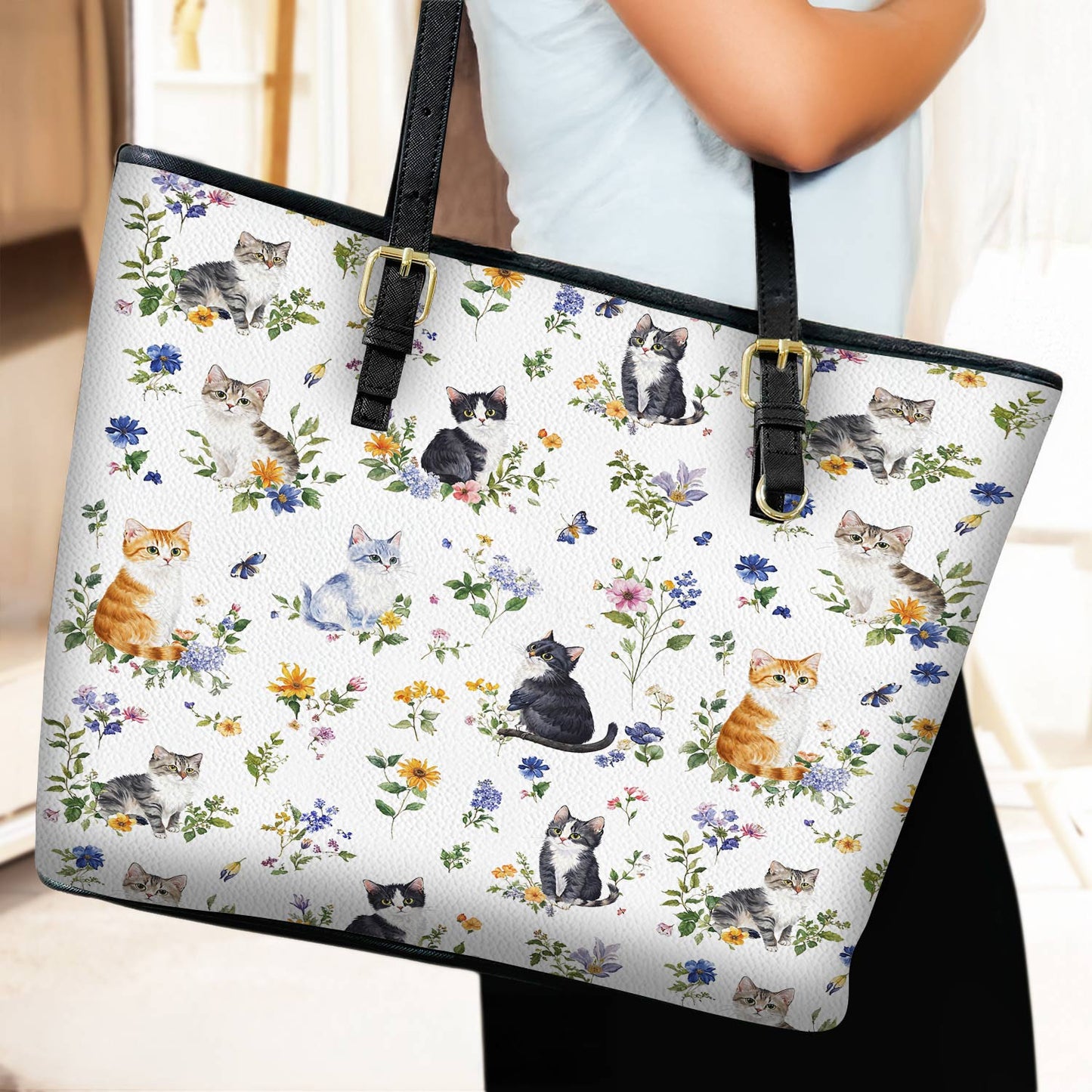 Lorva Leather Tote Bag Sweet Floral Cats