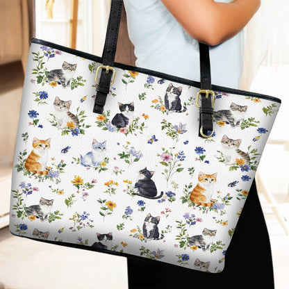 Lorva Leather Tote Bag Sweet Floral Cats
