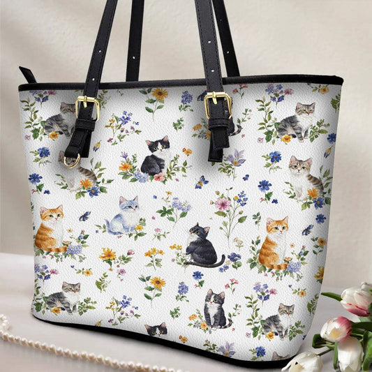 Lorva Leather Tote Bag Sweet Floral Cats