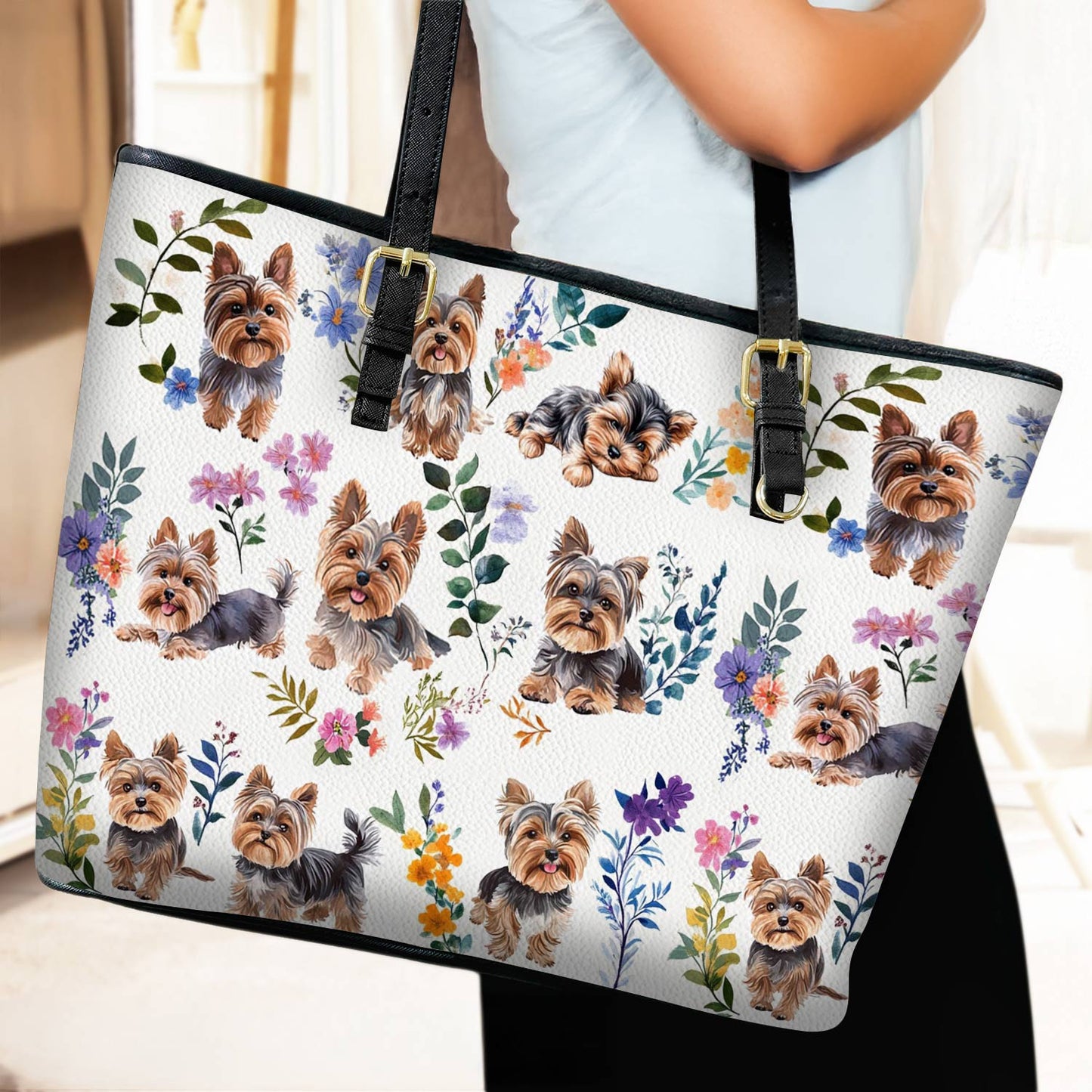 Lorva Leather Tote Bag Yorkie Bloom Bliss