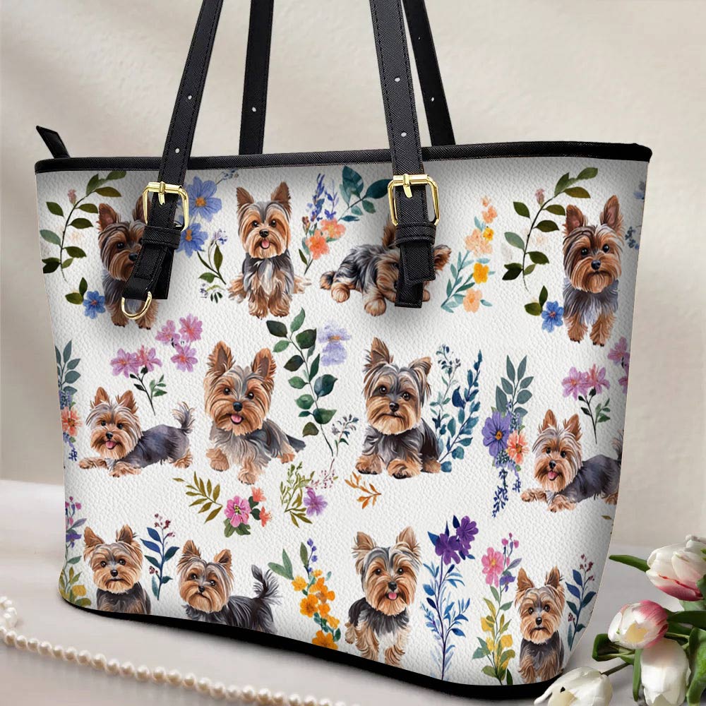 Lorva Leather Tote Bag Yorkie Bloom Bliss