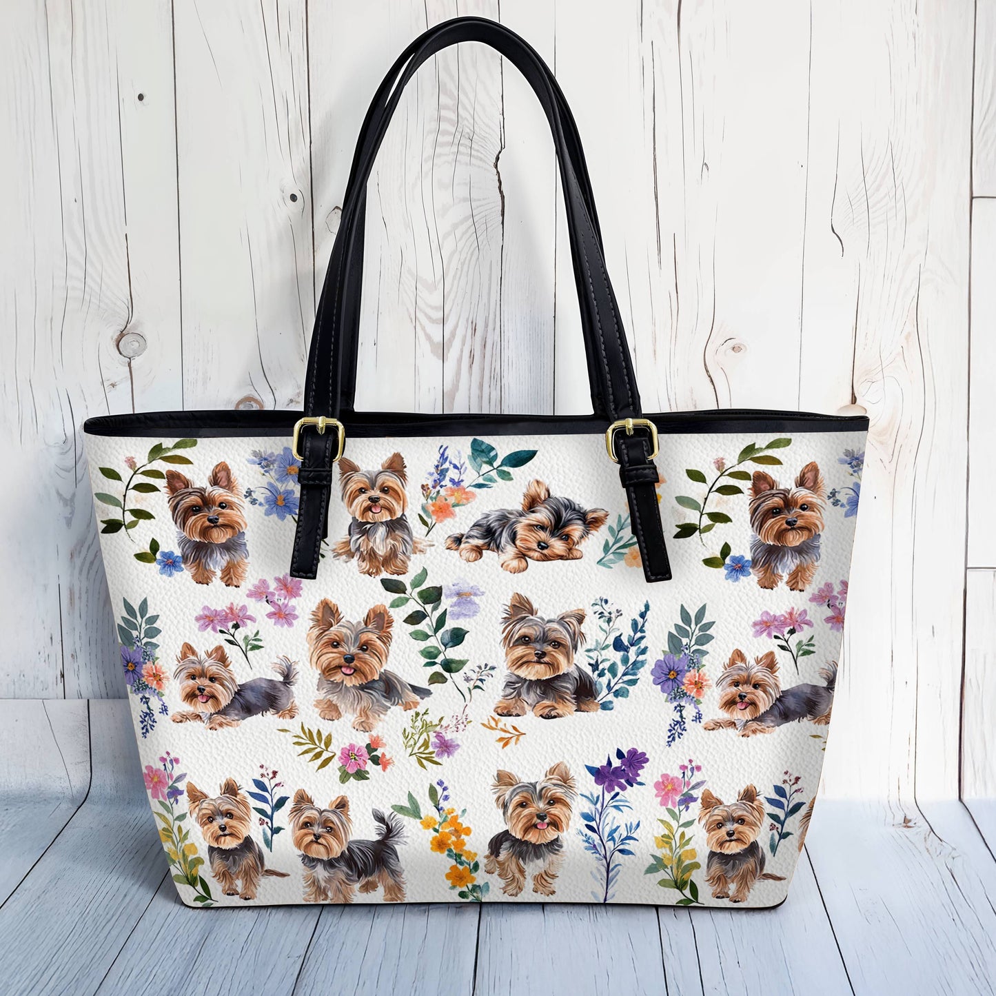 Lorva Leather Tote Bag Yorkie Bloom Bliss