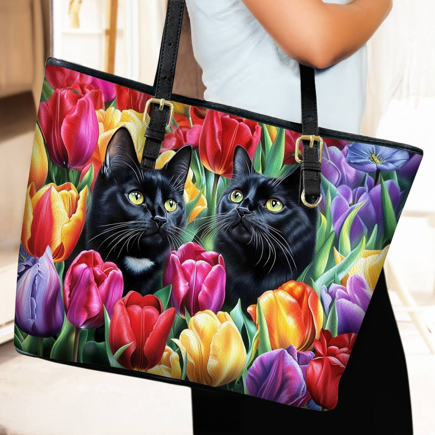 Lorva Leather Tote Bag Enchanted Black Cats In The Tulip Garden