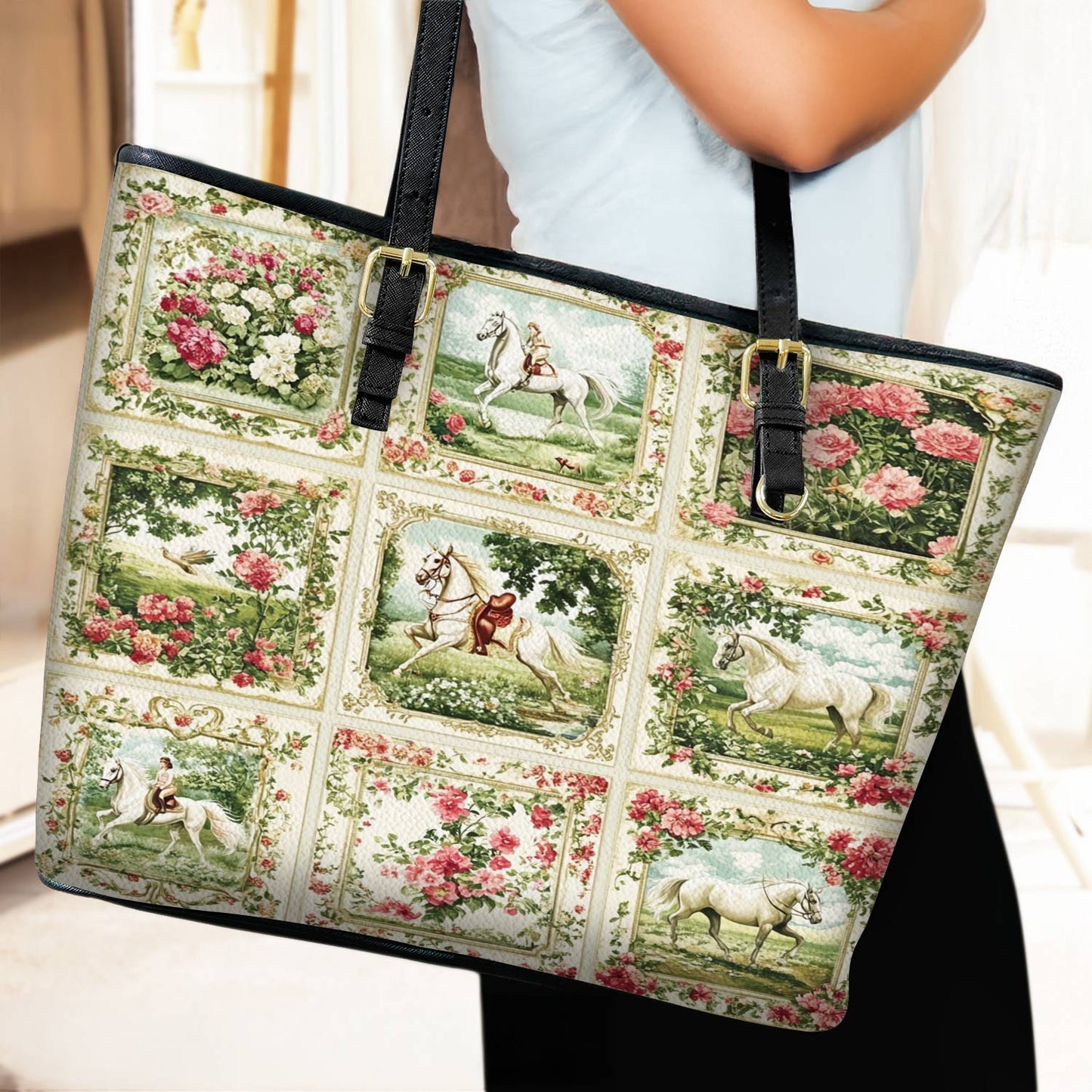 Lorva Leather Tote Bag Horse Charm Floral Grace