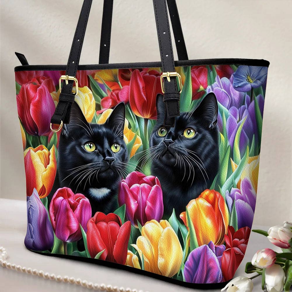 Lorva Leather Tote Bag Enchanted Black Cats In The Tulip Garden