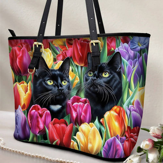 Lorva Leather Tote Bag Enchanted Black Cats In The Tulip Garden