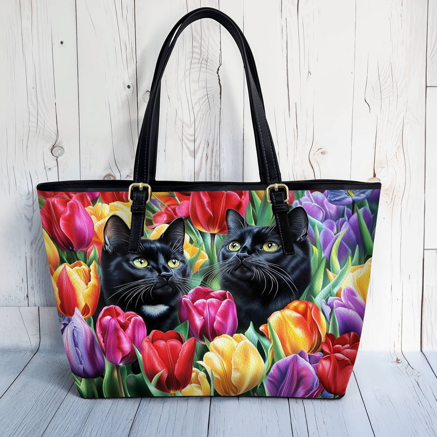 Lorva Leather Tote Bag Enchanted Black Cats In The Tulip Garden
