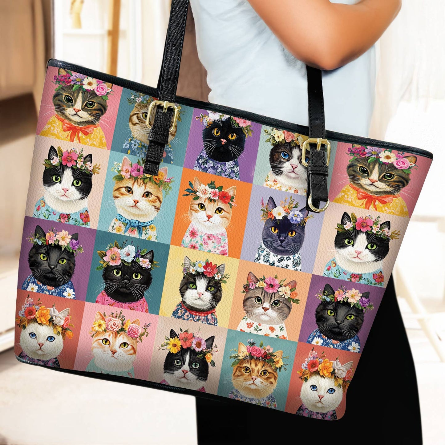 Lorva Leather Tote Bag Floral Crown Cats