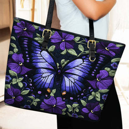 Lorva Leather Tote Bag Purple Floral Butterfly