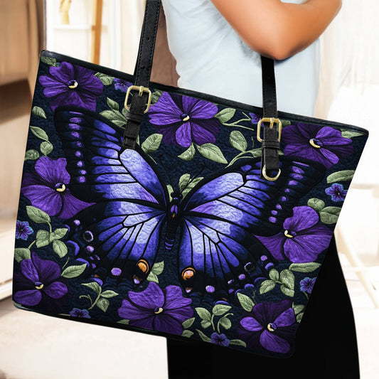 Lorva Leather Tote Bag Purple Floral Butterfly