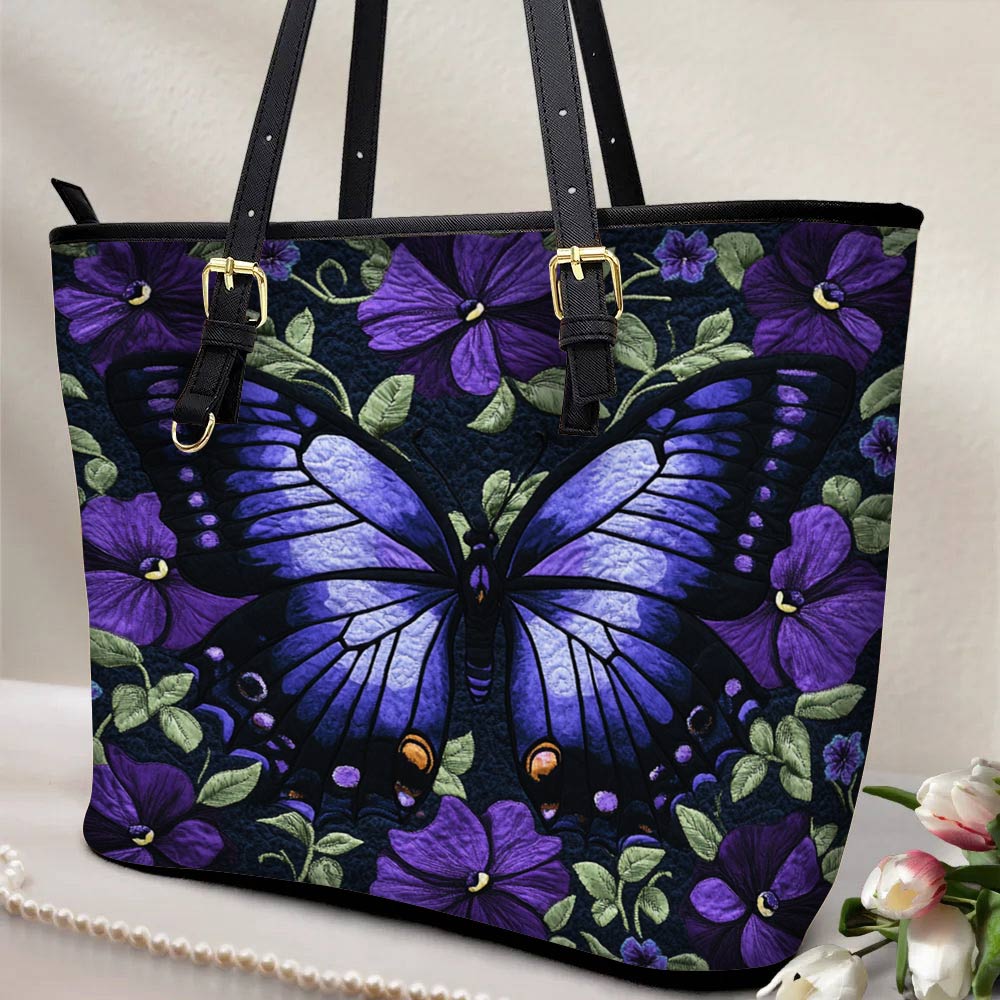 Lorva Leather Tote Bag Purple Floral Butterfly