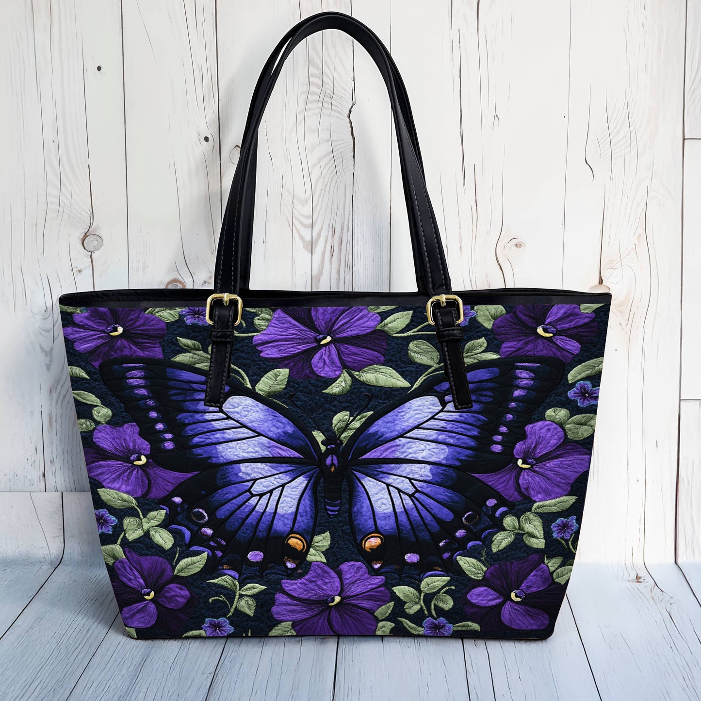 Lorva Leather Tote Bag Purple Floral Butterfly