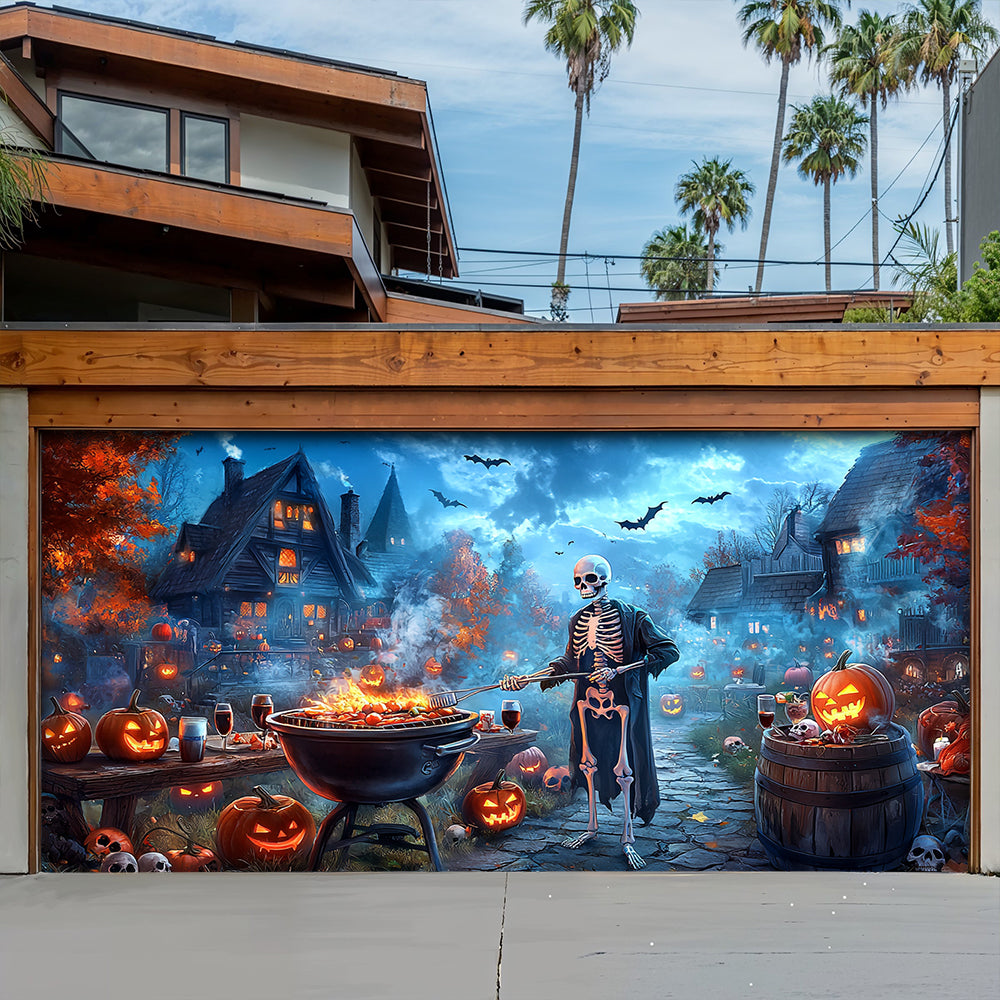 Lorva Halloween Garage Door Banner Decoration Skeleton’s Halloween BBQ