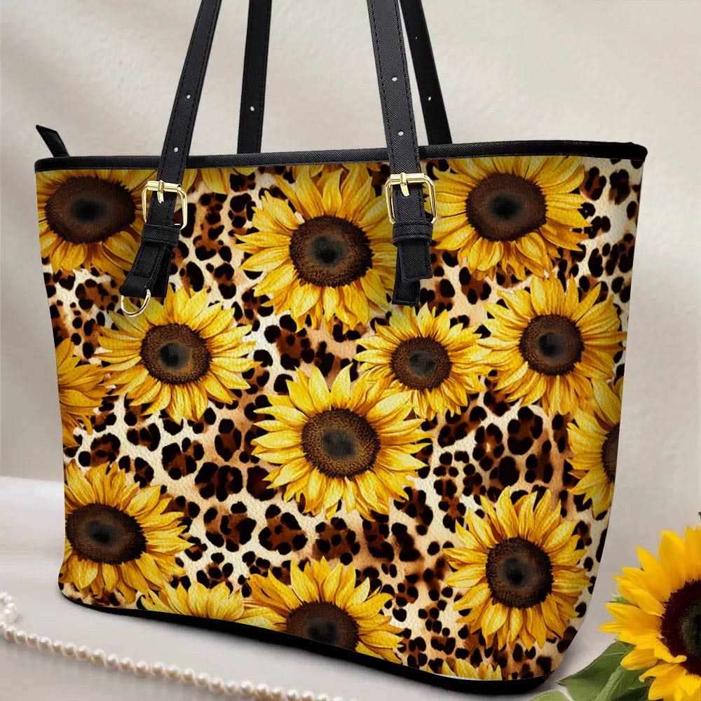 Lorva Leather Tote Bag Leopard Sunflowers