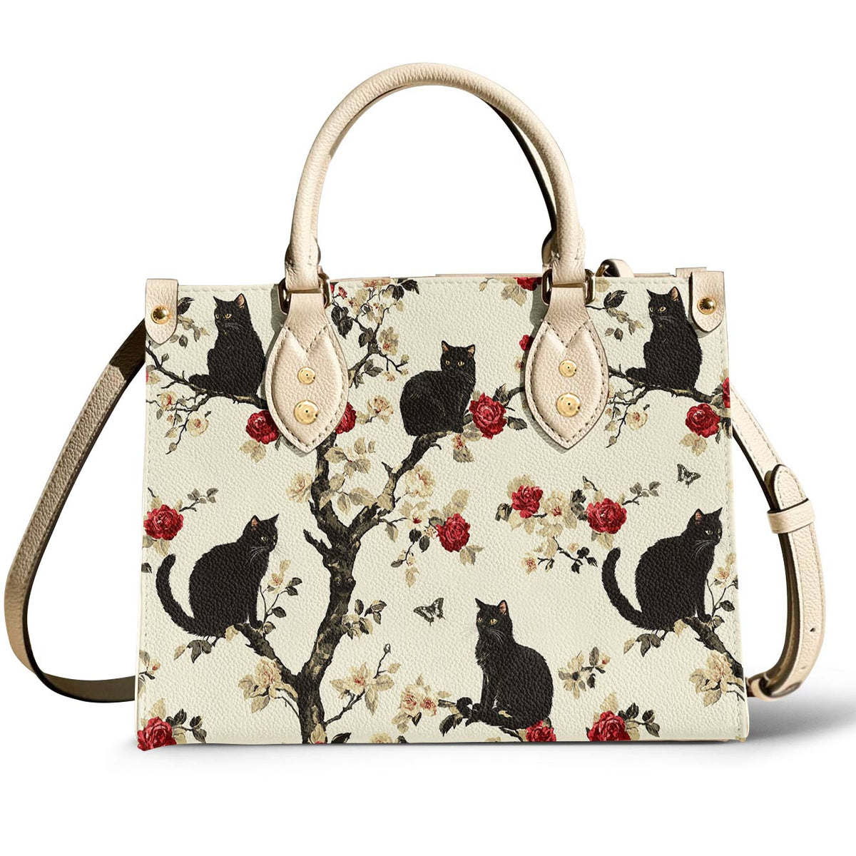 Lorva Black Cat Leather Bag Roses Love