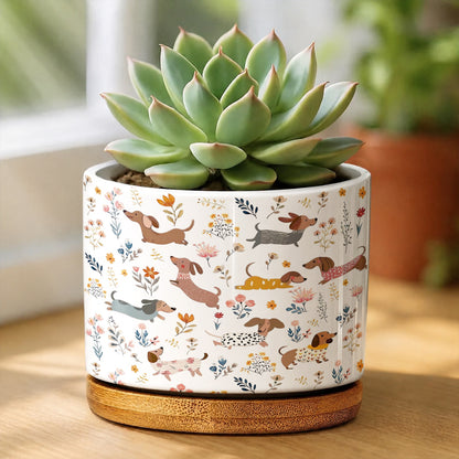 Lorva Dachshund Ceramic Plant Pot Happy Field Flowers