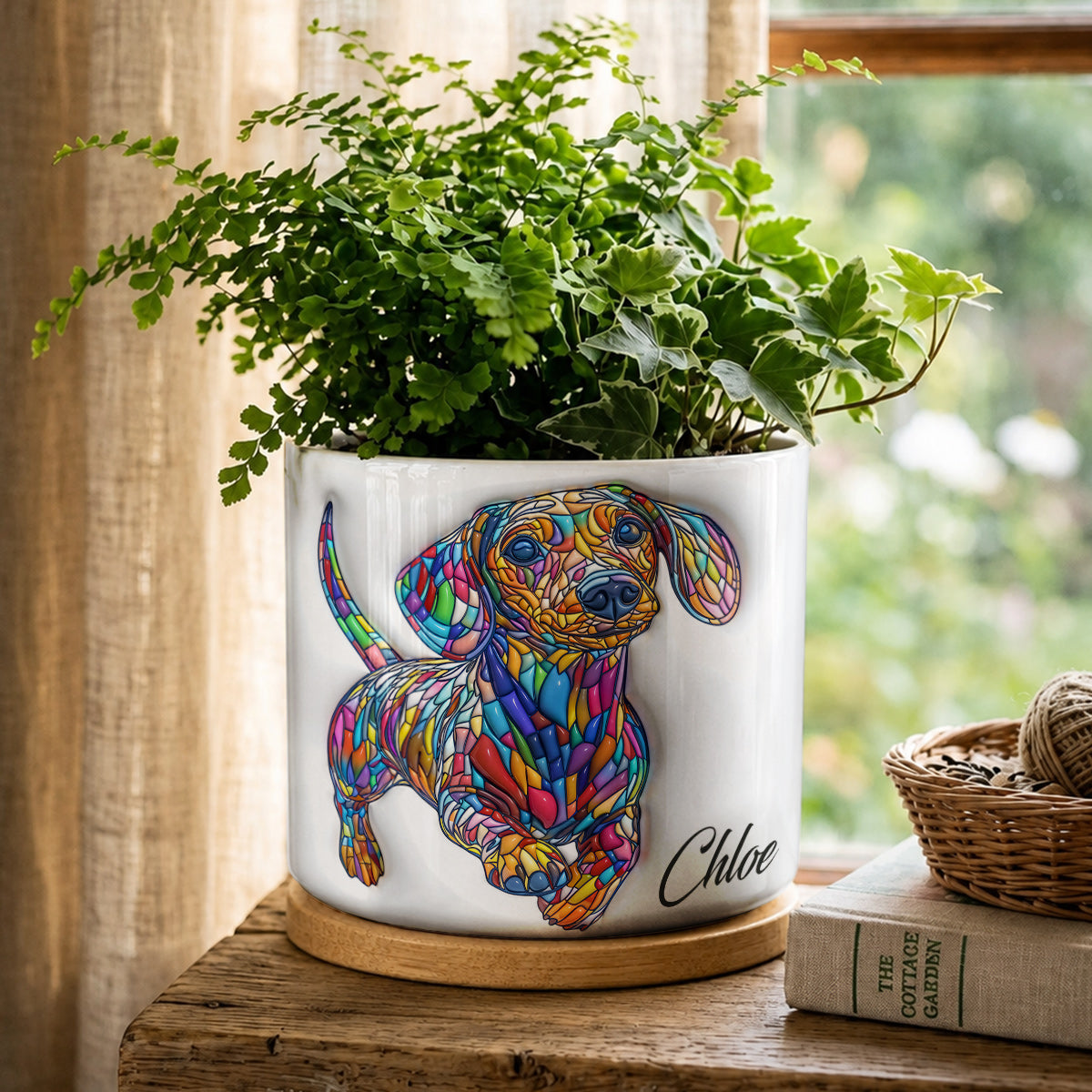 Lorva Dachshund Personalized Flat Print Ceramic Plant Pot Happy