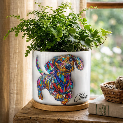 Lorva Dachshund Personalized Flat Print Ceramic Plant Pot Happy