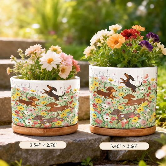 Lorva Dachshund Ceramic Plant Pot Happy Dachshunds In Flower Garden