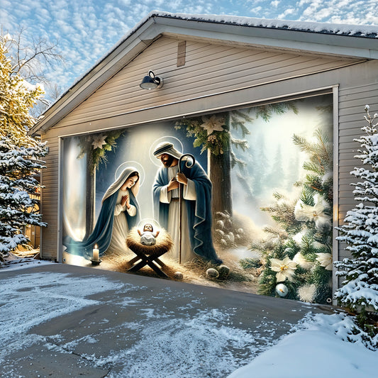 Lorva Christmas Garage Door Banner Decoration Charming Floral Holy Family