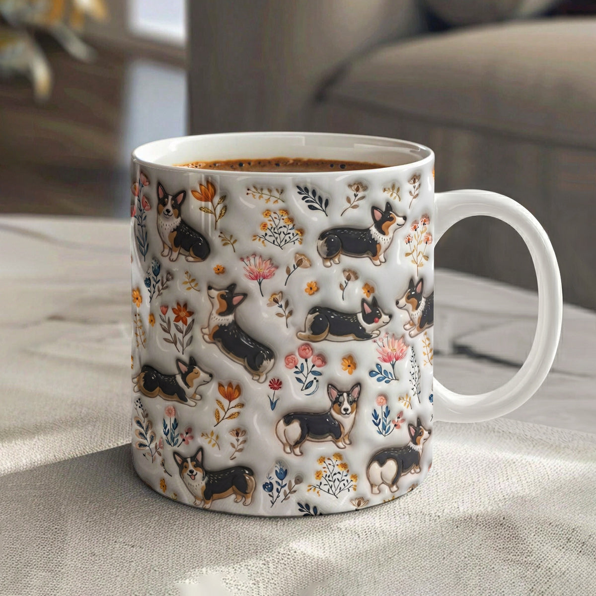 Lorva Corgi Flat Print Mug Joyful Field Flowers