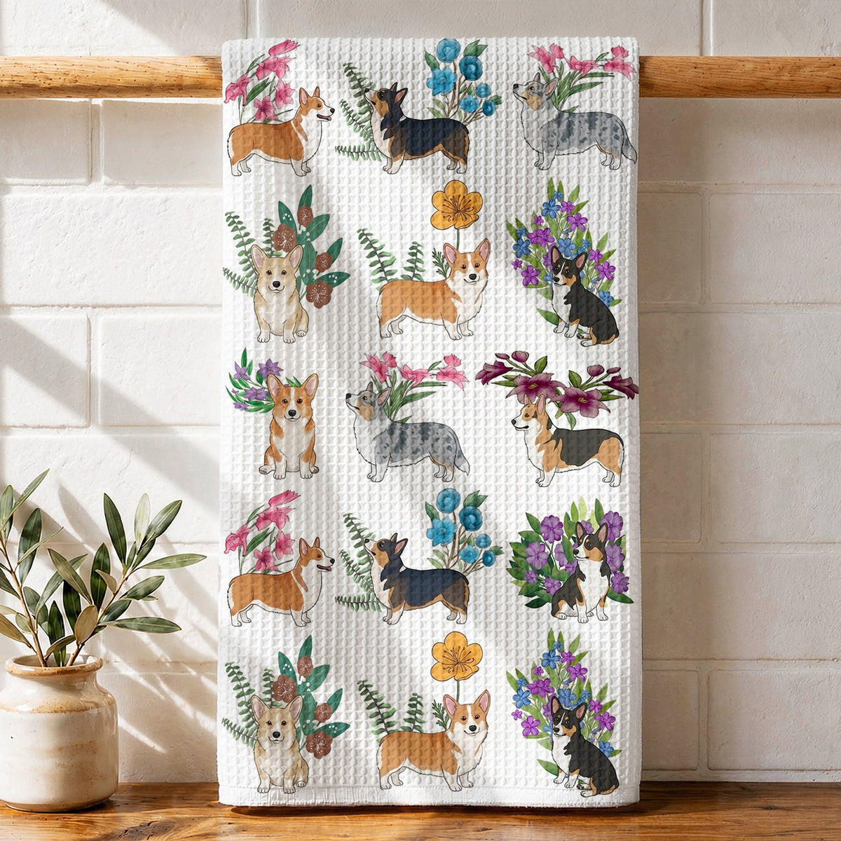Lorva Corgi Kitchen Towel Botanical Corgi Bliss