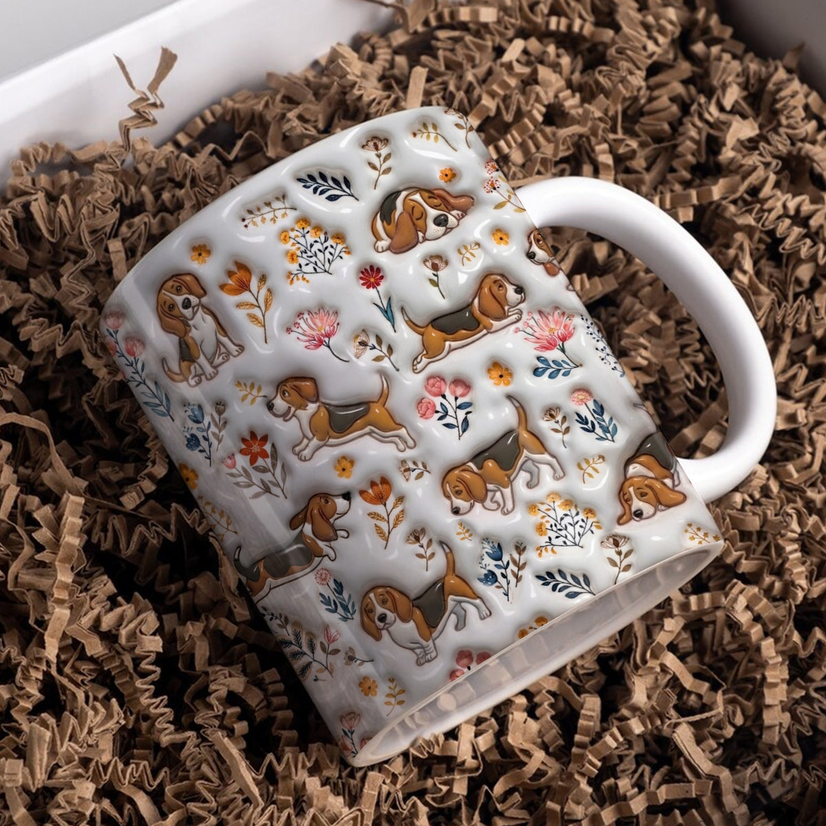 Lorva Beagle Flat Print Mug Happy Field Flowers