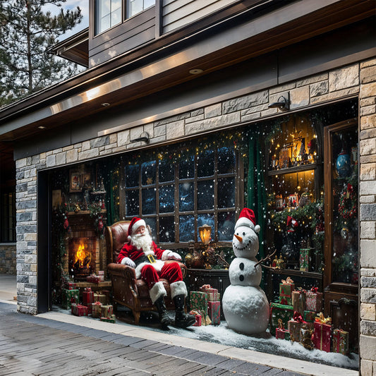 Lorva Christmas Garage Door Banner Decoration Fireside Santa & Snowman Holiday