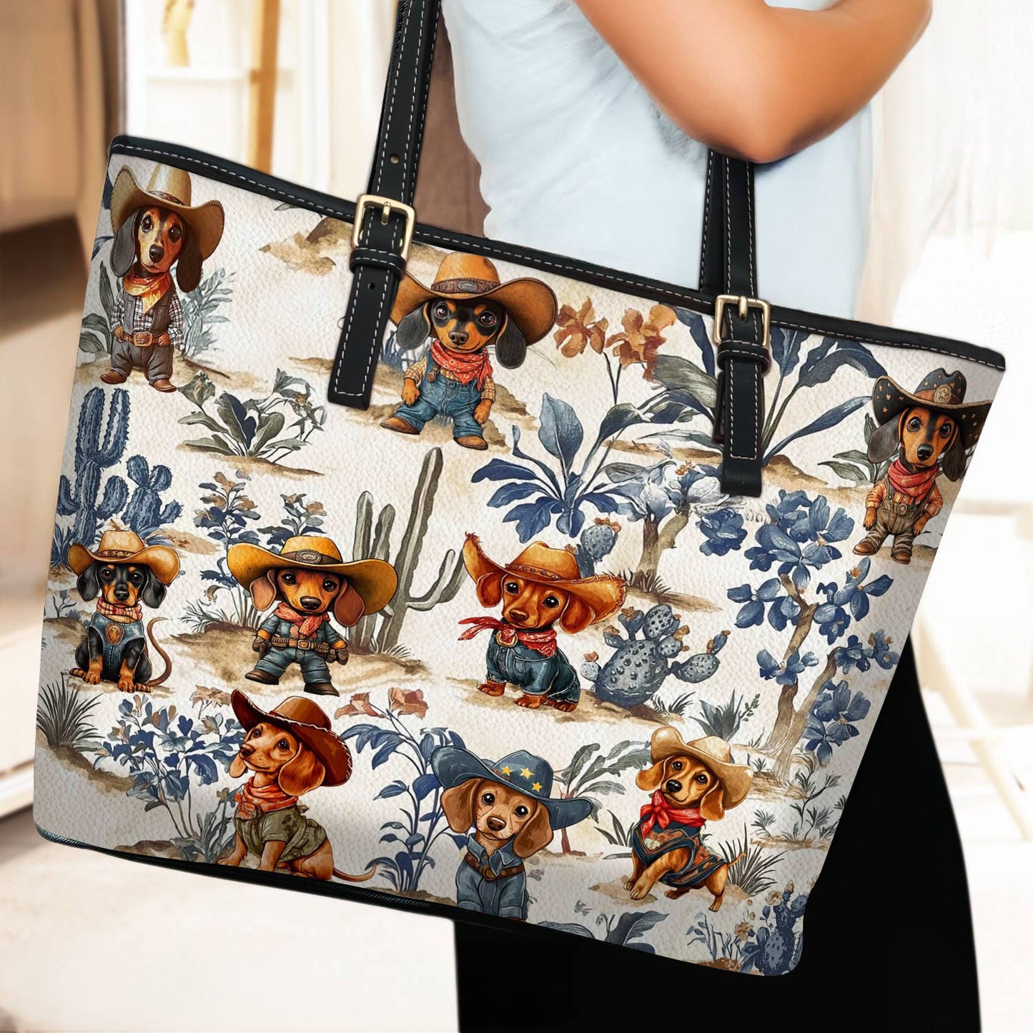 Lorva Dachshund Leather Tote Bag Cowpoke Blues & Blooms