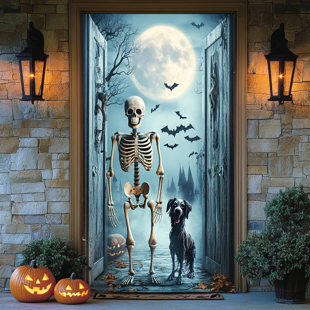 Lorva Halloween Door Cover Midnight Skeleton & Ghost Dog