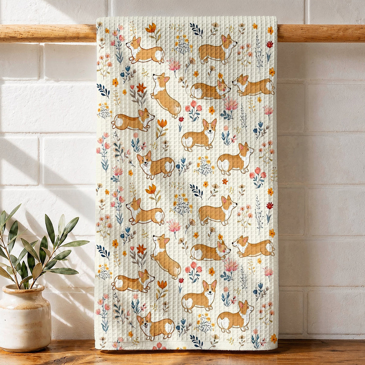 Lorva Corgi Kitchen Towel Cute Field Flowers