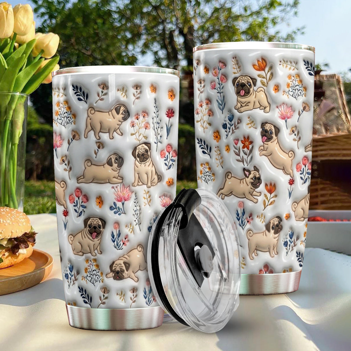Lorva Pug 20Oz Flat Print Tumbler Happy Field Flowers
