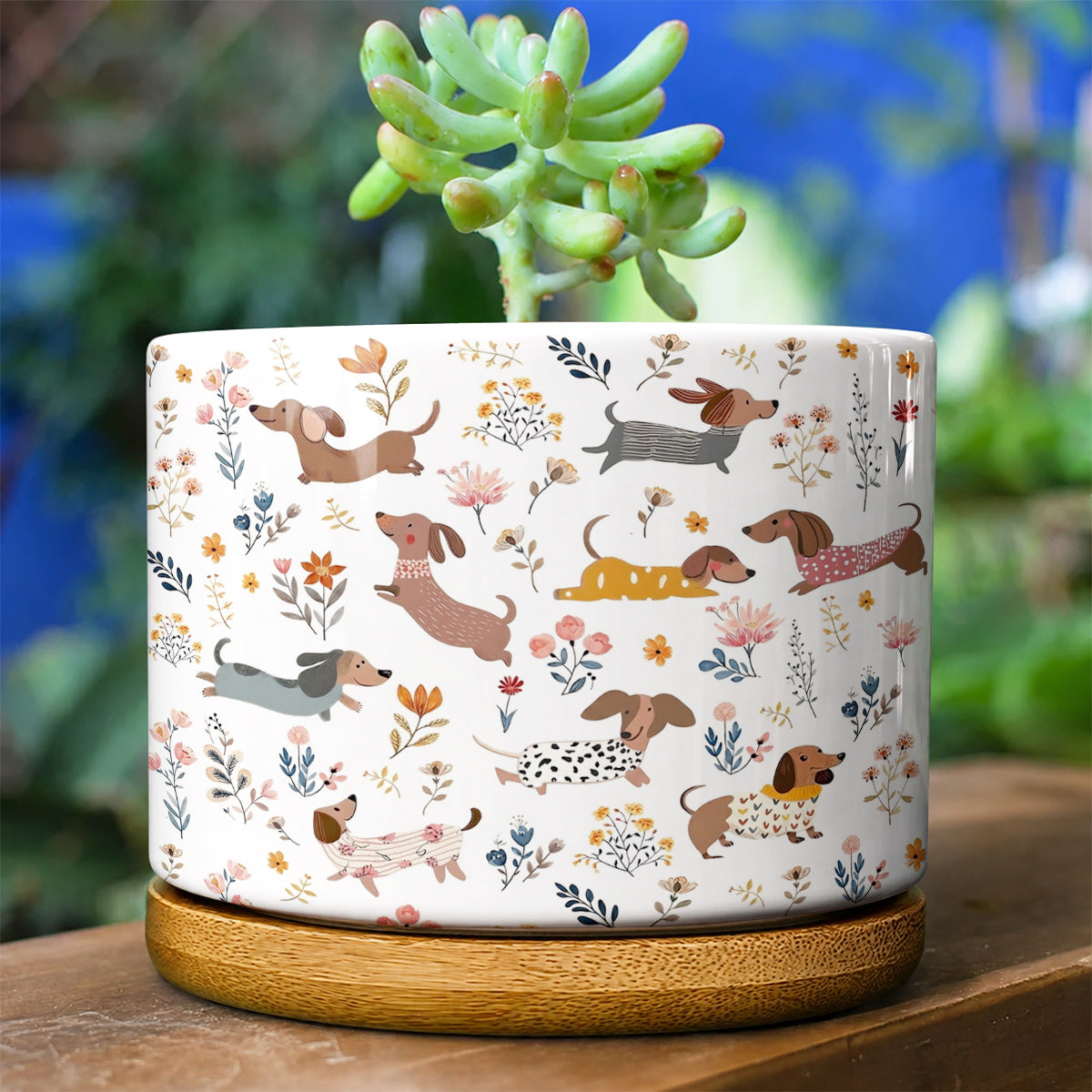 Lorva Dachshund Ceramic Plant Pot Happy Field Flowers