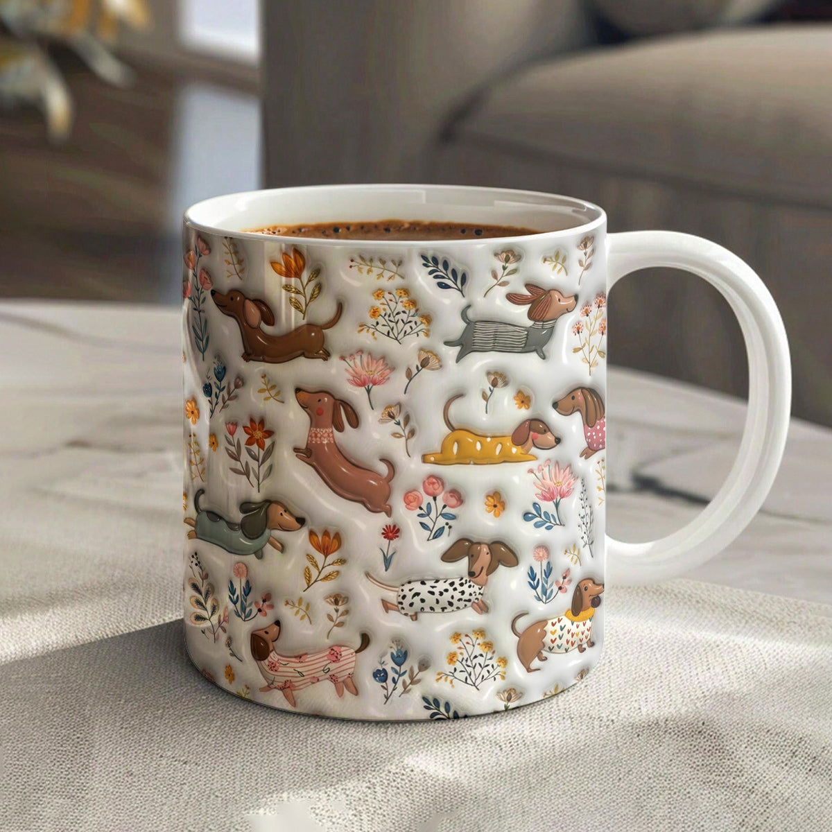 Lorva Dachshund Flat Print Mug Happy Field Flowers