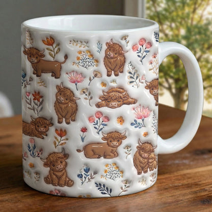 Lorva Highland Cow Flat Print Mug Happy Field Flowers