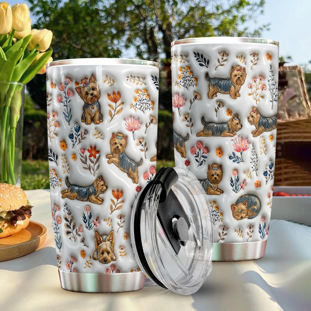 Lorva Yorkie 20Oz Flat Print Tumbler Happy Field Flowers