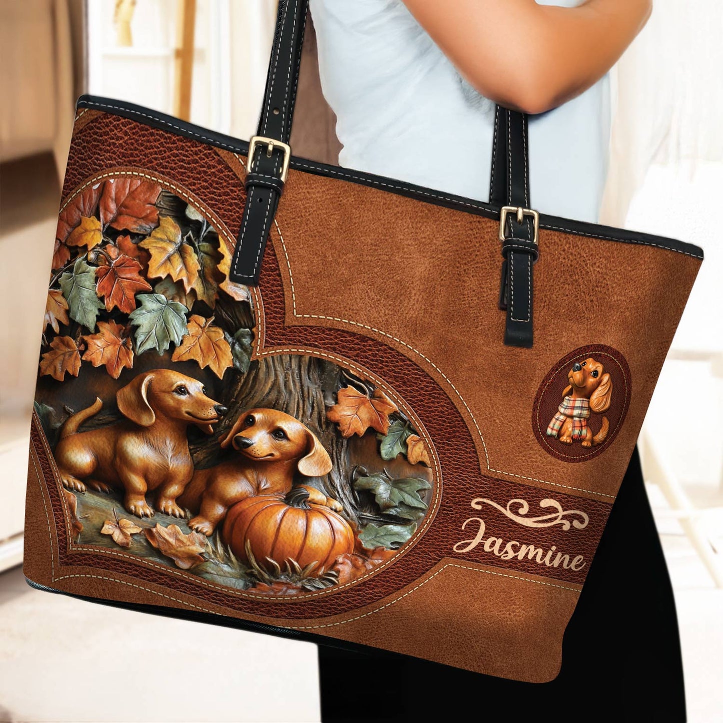 Lorva Personalized Dachshund Leather Tote Bag Fall In Love