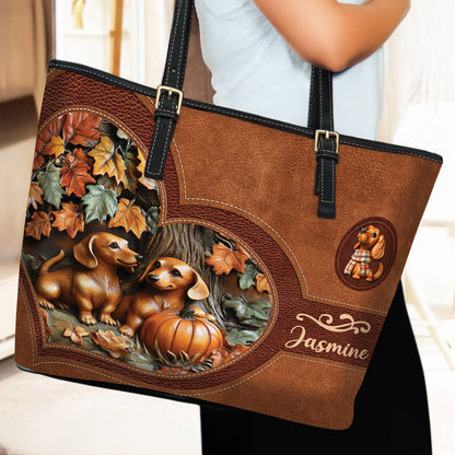 Lorva Personalized Dachshund Leather Tote Bag Fall In Love