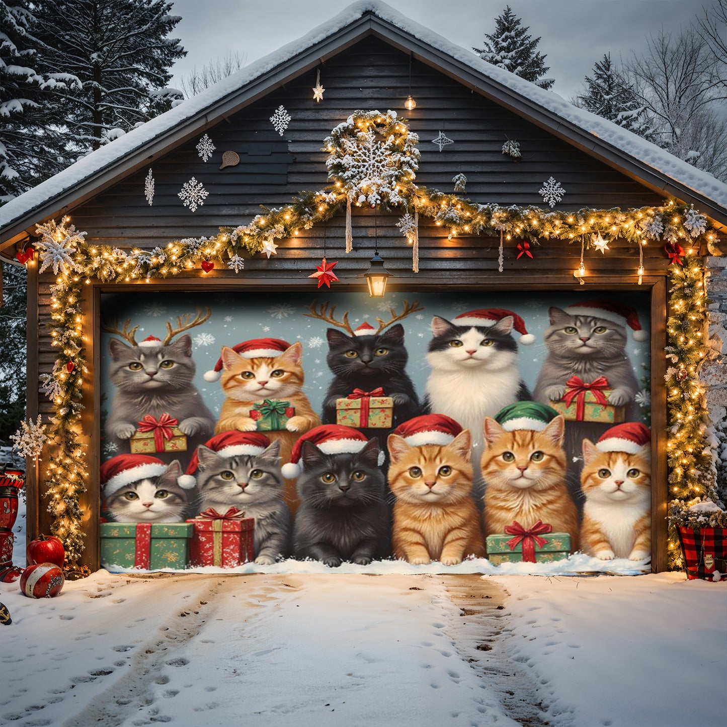 Lorva Cat Christmas Garage Door Banner Decoration Friends