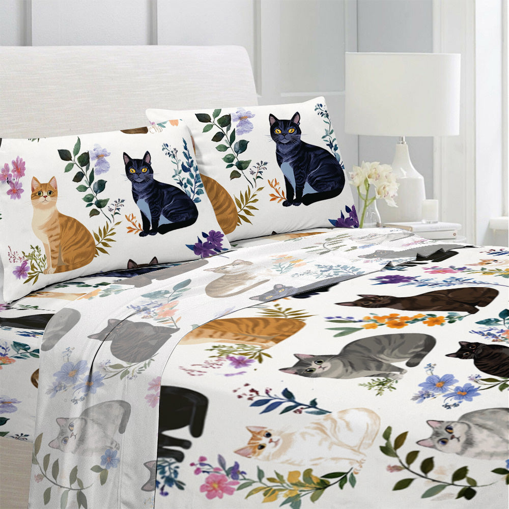 Lorva 4-Piece Bed Sheet Set Charming Floral Cats