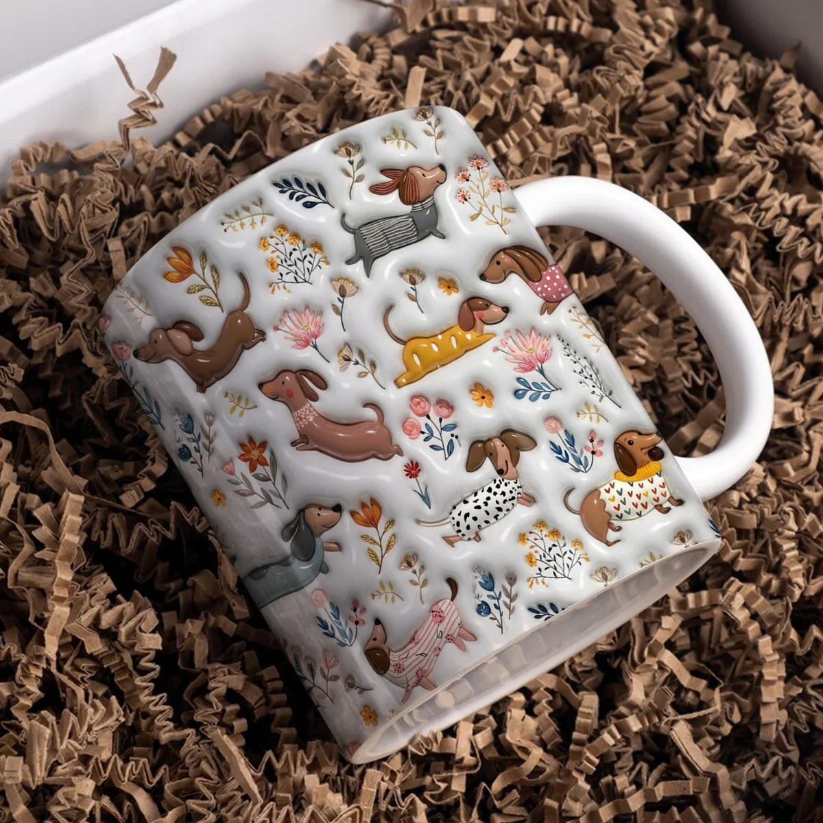 Lorva Dachshund Flat Print Mug Happy Field Flowers