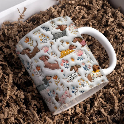 Lorva Dachshund Flat Print Mug Happy Field Flowers