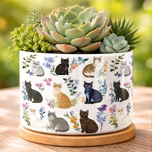 Lorva Ceramic Plant Pot Charming Floral Cats