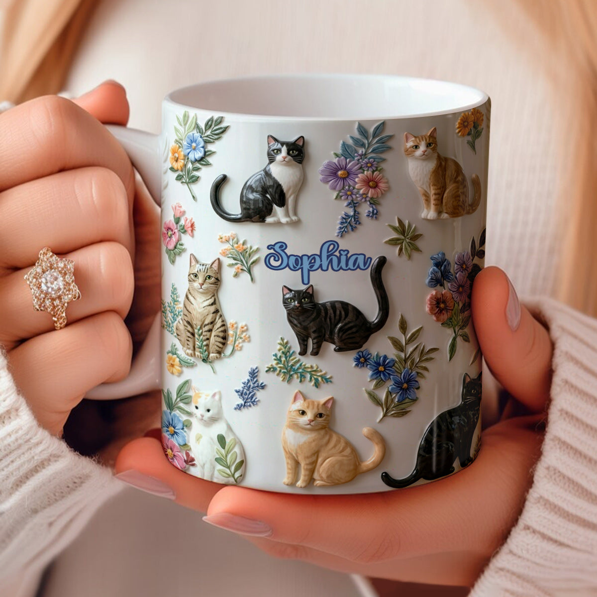 Lorva Personalized Flat Print Mug Cute Floral Cats