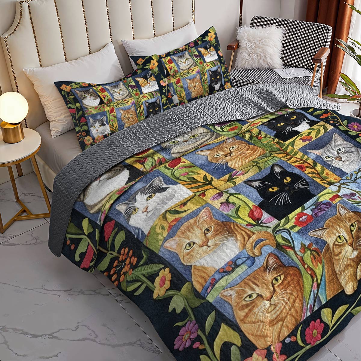 Lorva Cat All Season Quilt 3-Piece Set Mysterious Garden