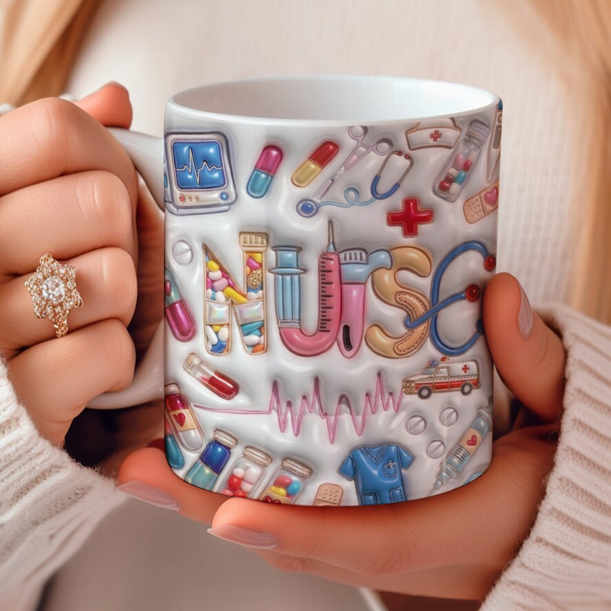 Lorva Puff Nurse Flat Printed Mug She Works Willingly With Her Hands